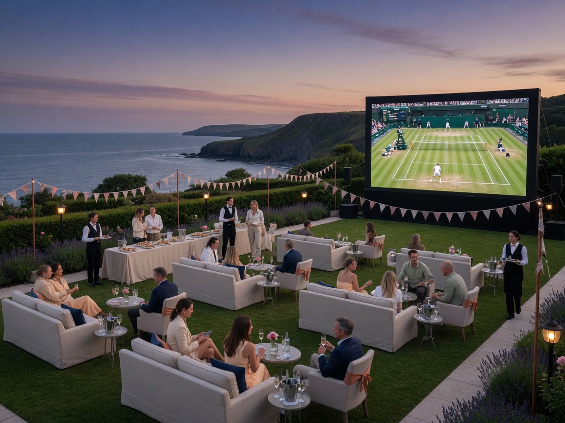 Corporate outdoor screening on a lawn at dusk