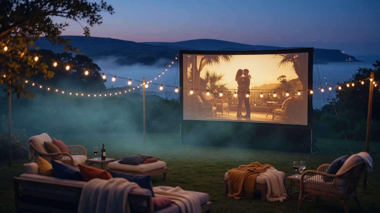 Garden Movie Nights at dusk with a massive glowing screen