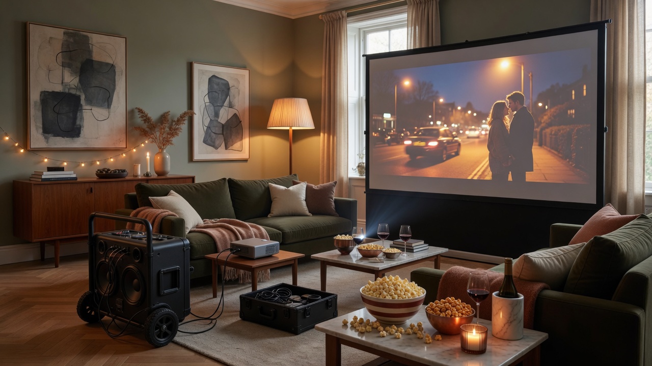 Indoor Movie Nights setup with large freestanding screen