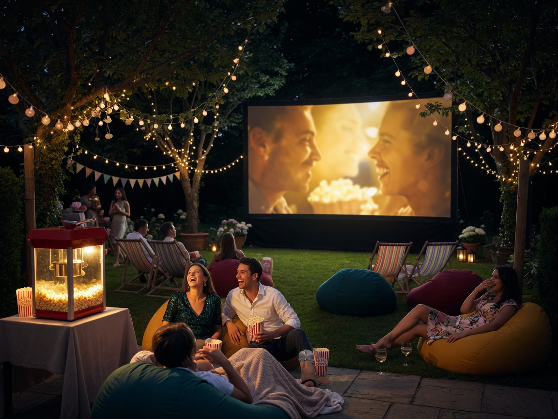 Friends at a garden Movie Nights party with fairy lights