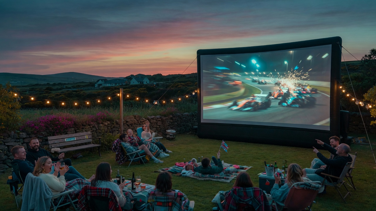 Group watching sport on a large outdoor screen